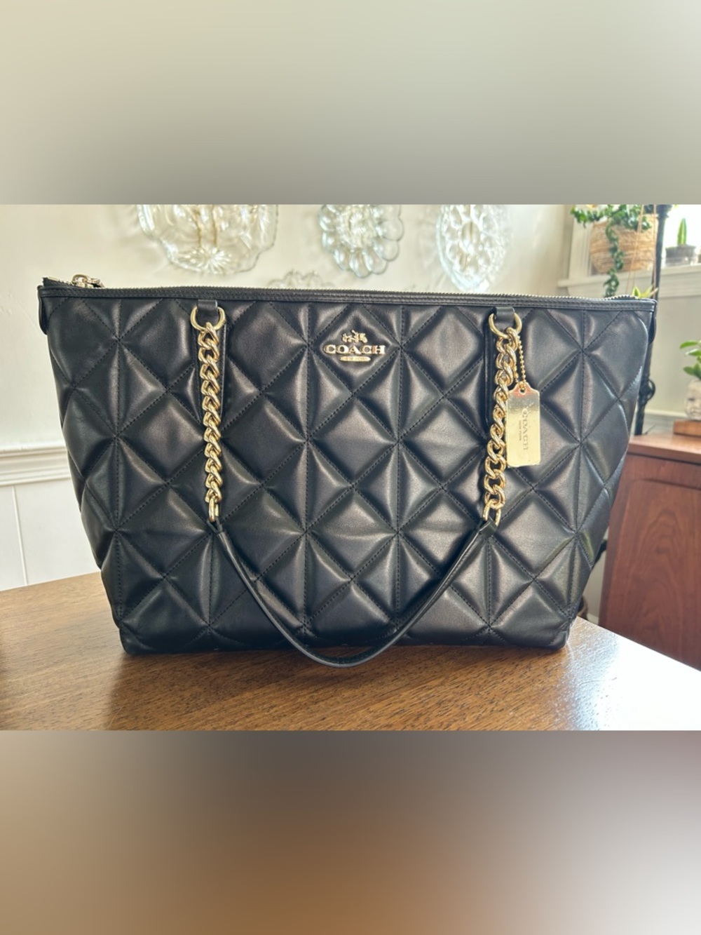 COACH Ava Quilted Leather Tote Black with Gold Chain Straps - Picture 3 of 12